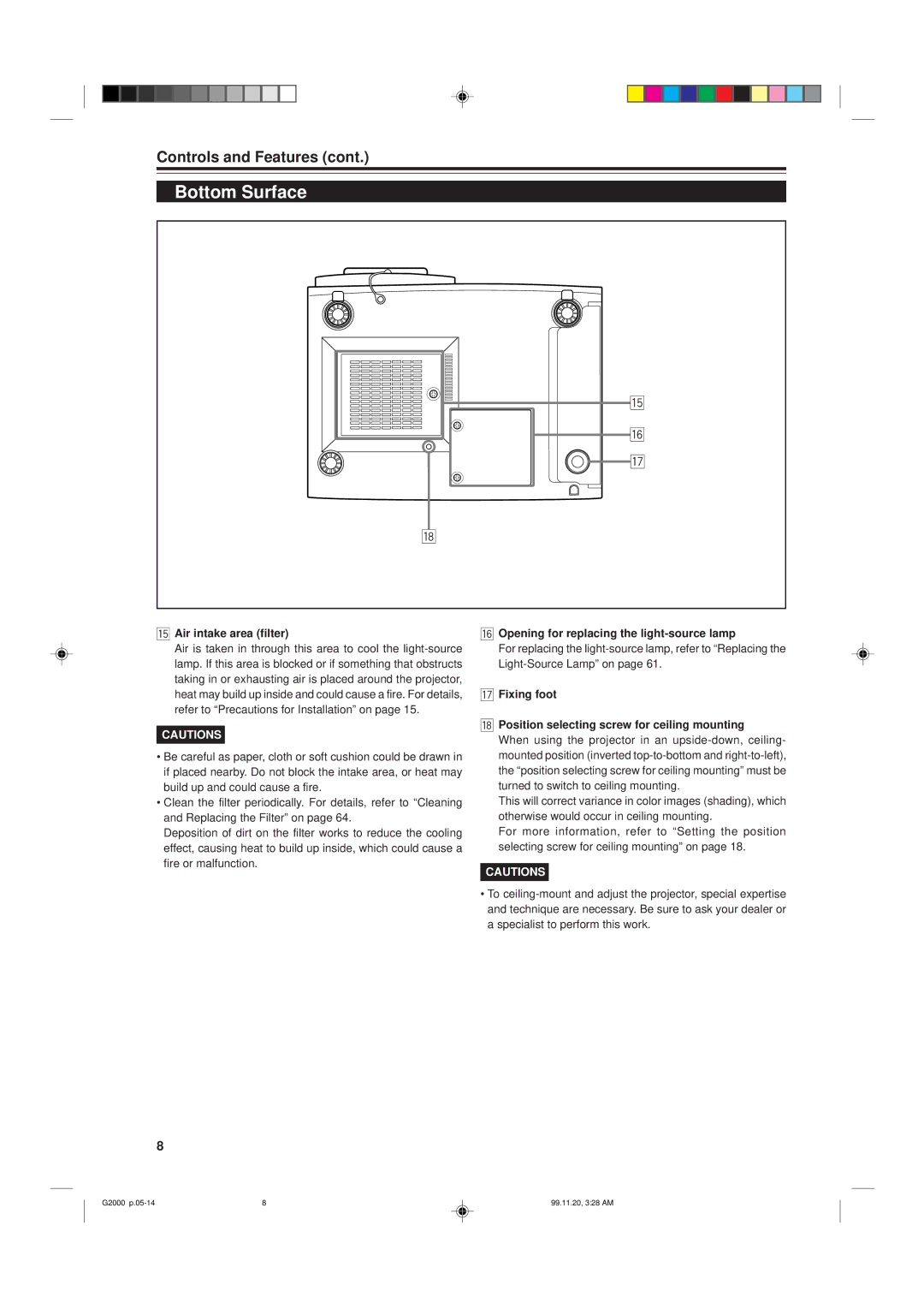 JVC G2000 manual Bottom Surface, Air intake area filter, Opening for replacing the light-source lamp 