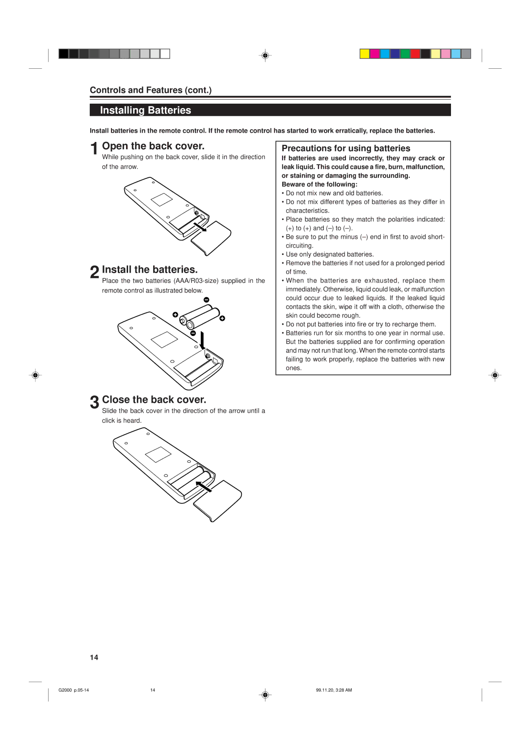 JVC G2000 manual Installing Batteries, Open the back cover, Install the batteries, Close the back cover 