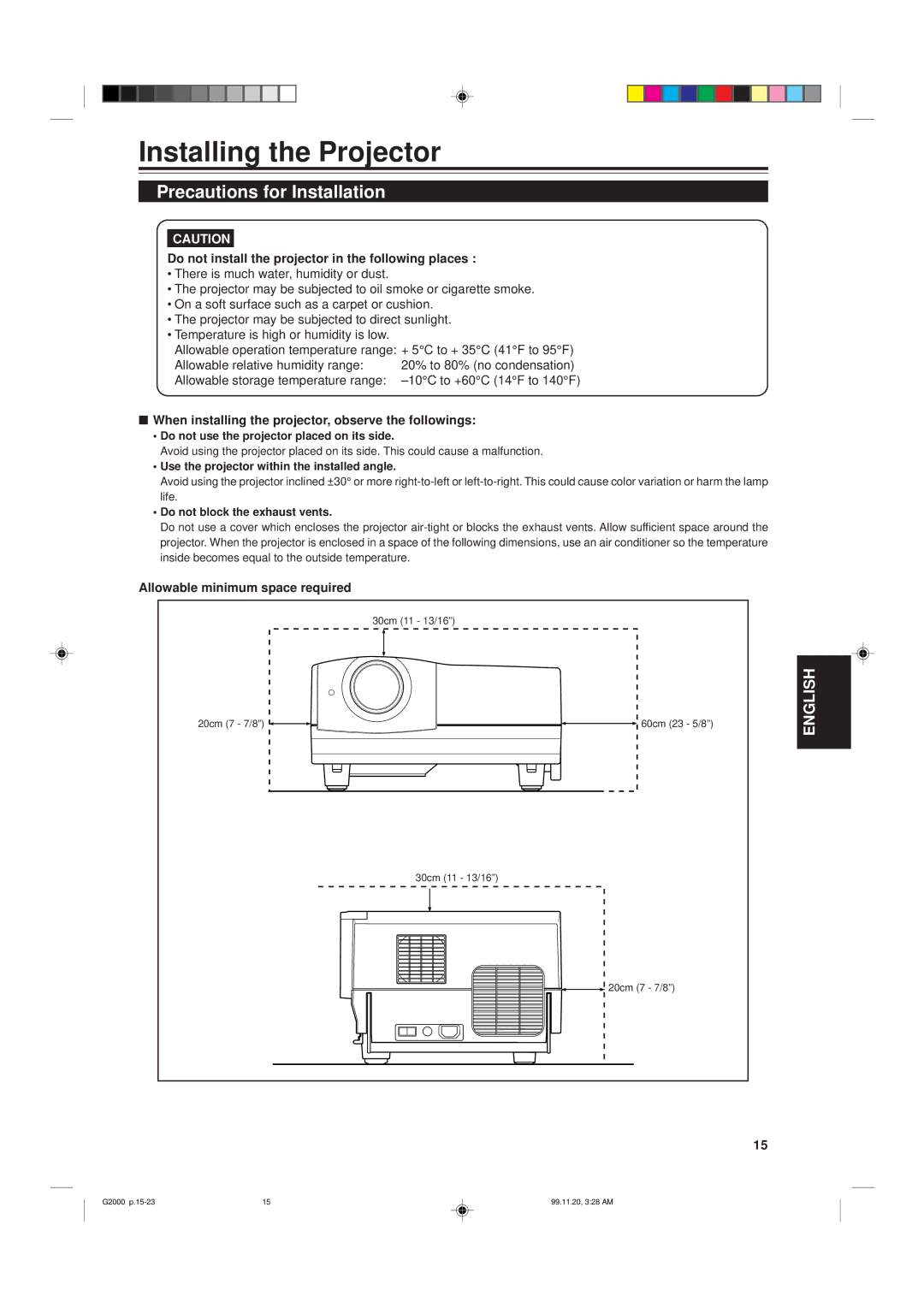 JVC G2000 Installing the Projector, Precautions for Installation, Do not install the projector in the following places 