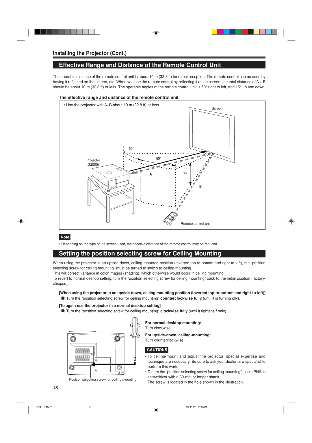 JVC G2000 Effective Range and Distance of the Remote Control Unit, Effective range and distance of the remote control unit 