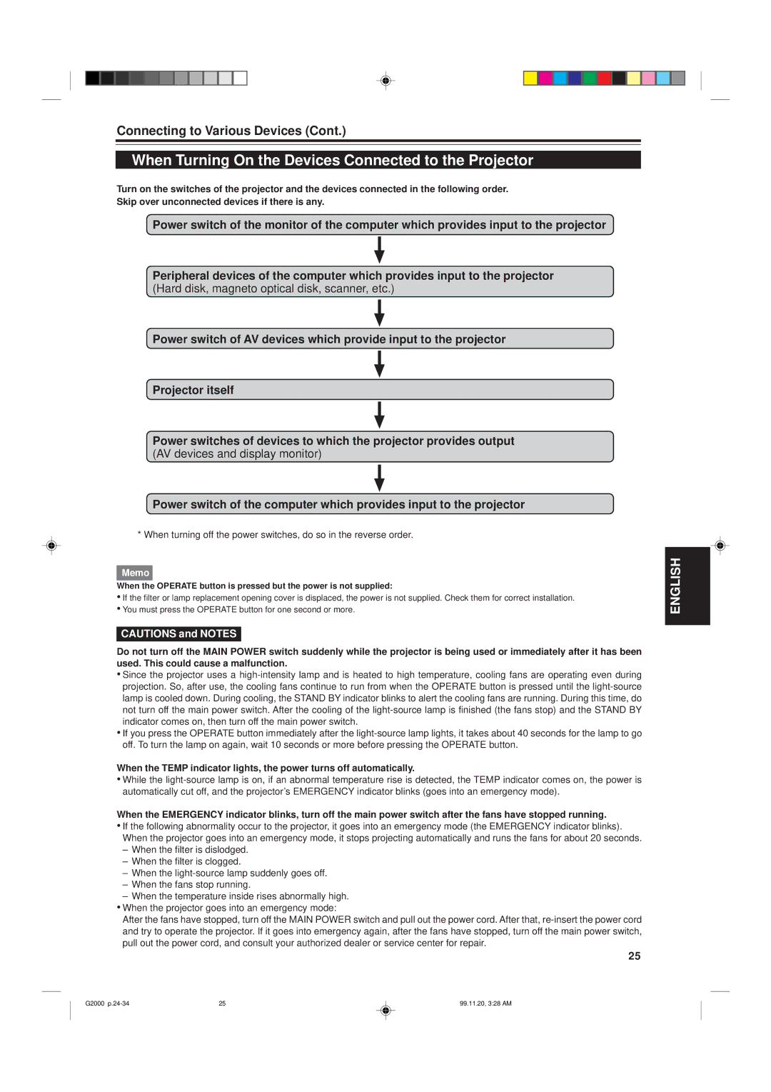 JVC G2000 manual When Turning On the Devices Connected to the Projector 