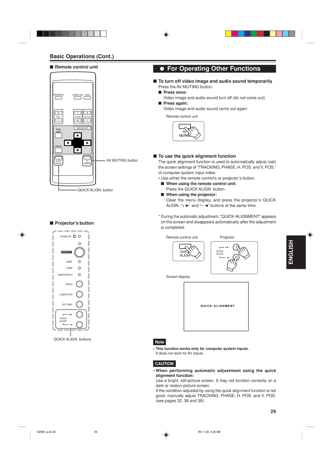 JVC G2000 To turn off video image and audio sound temporarily, To use the quick alignment function, Projector’s button 