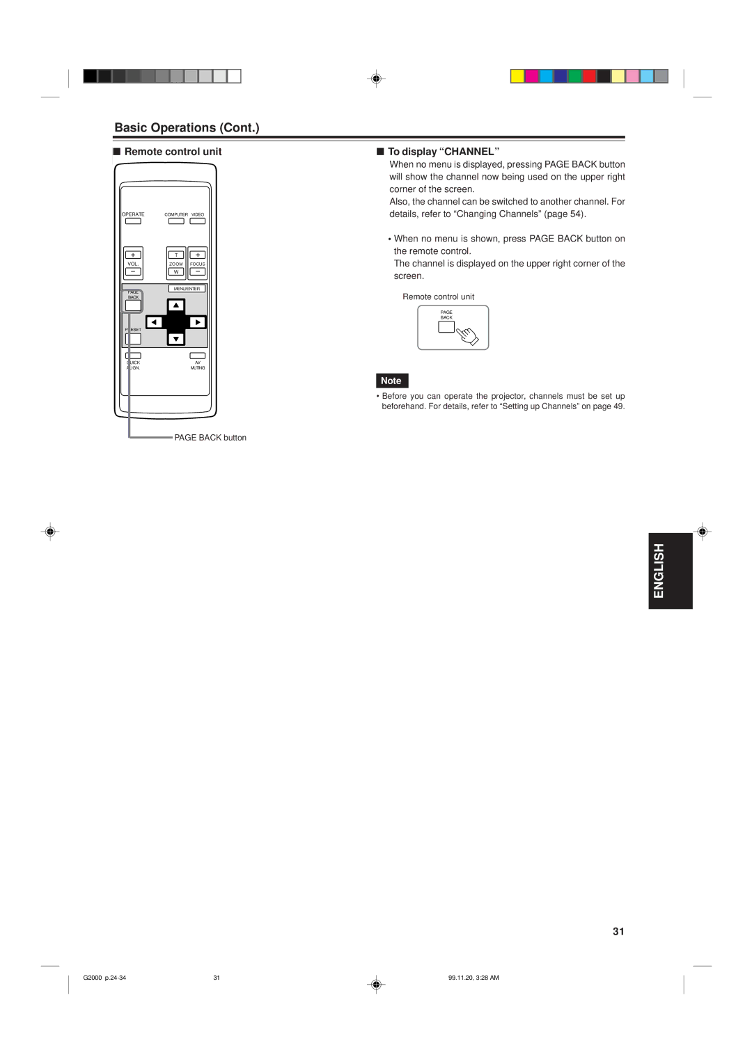 JVC G2000 manual To display Channel, Back button 