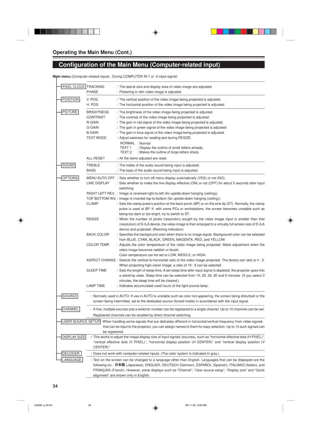 JVC G2000 manual Configuration of the Main Menu Computer-related input 