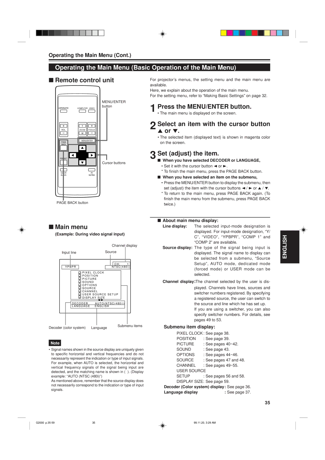 JVC G2000 manual Operating the Main Menu Basic Operation of the Main Menu 