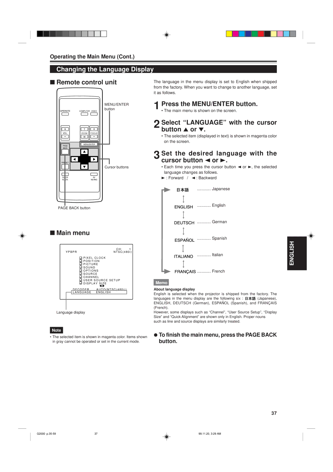 JVC G2000 manual Changing the Language Display, Select Language with the cursor button 5 or, Button 