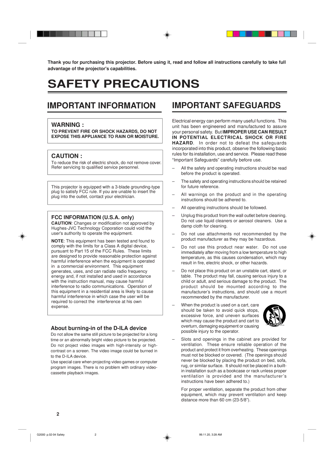 JVC G2000 manual Safety Precautions, About burning-in of the D-ILA device 