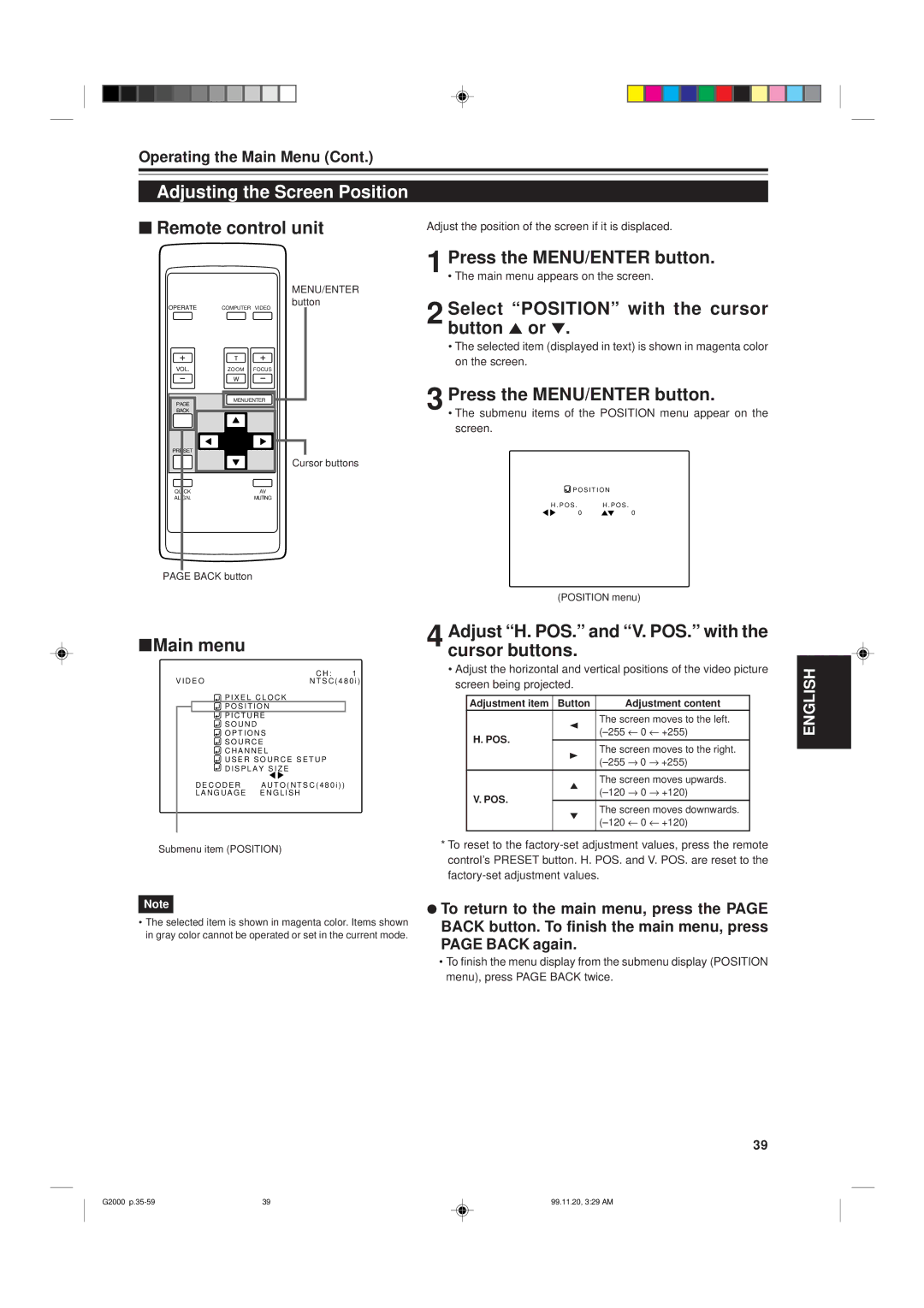 JVC G2000 manual Adjusting the Screen Position, Select Position with the cursor button 5 or 