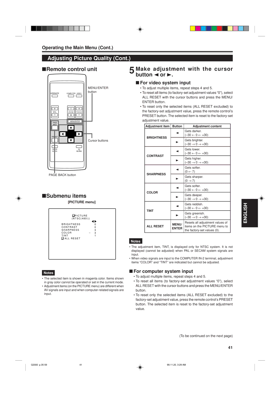 JVC G2000 manual Submenu items, For video system input, For computer system input, Picture menu 