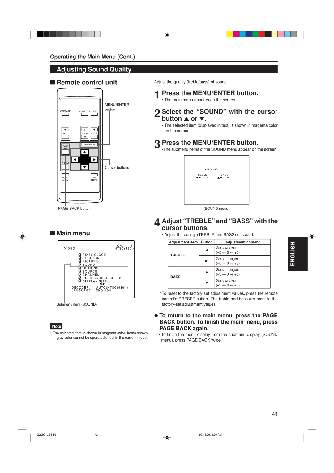 JVC G2000 manual Adjusting Sound Quality, Select the Sound with the cursor, Button 5 or 