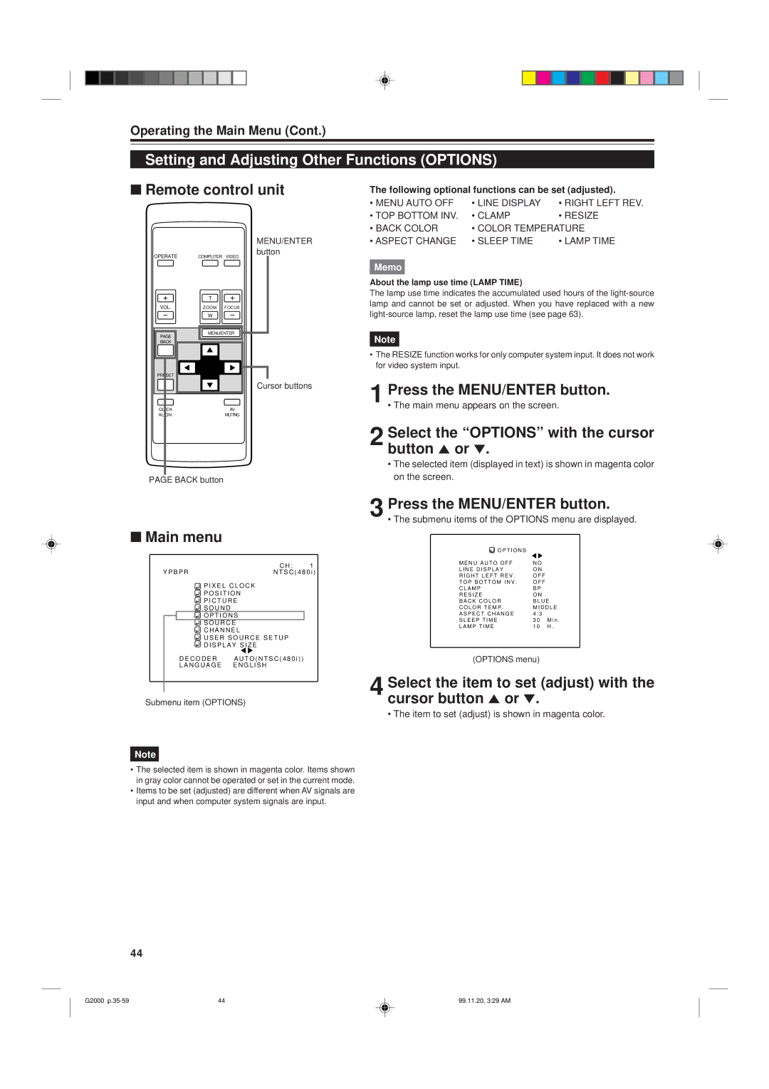 JVC G2000 manual Setting and Adjusting Other Functions Options, Select the Options with the cursor button 5 or 