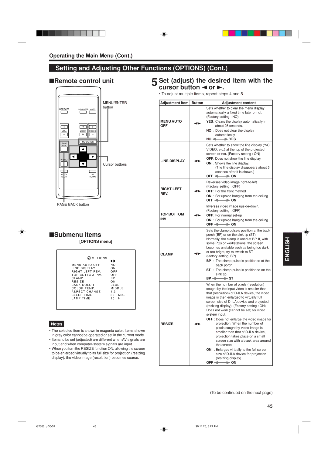 JVC G2000 manual Set adjust the desired item with the cursor button 2 or, Options menu 