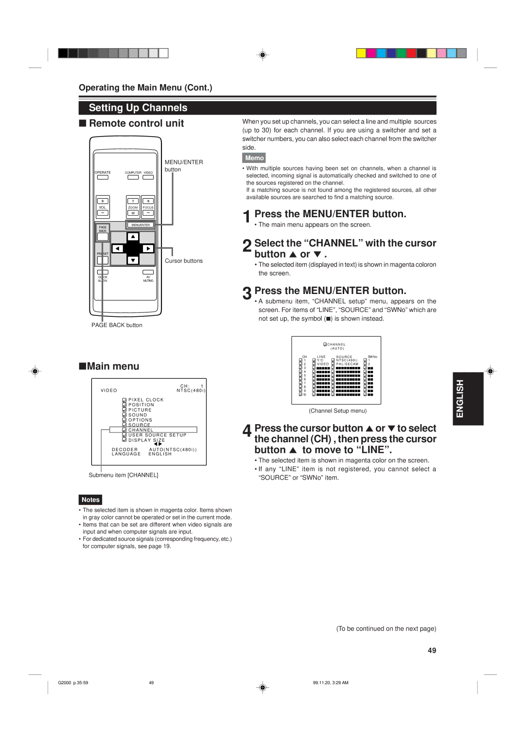 JVC G2000 Setting Up Channels, Select the Channel with the cursor button 5 or, Submenu item Channel, Channel Setup menu 