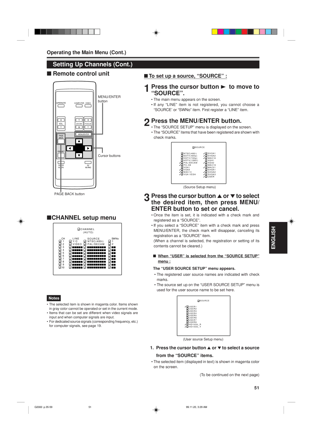 JVC G2000 manual Channel setup menu, If any Line item is not registered, you cannot choose a, Check marks 