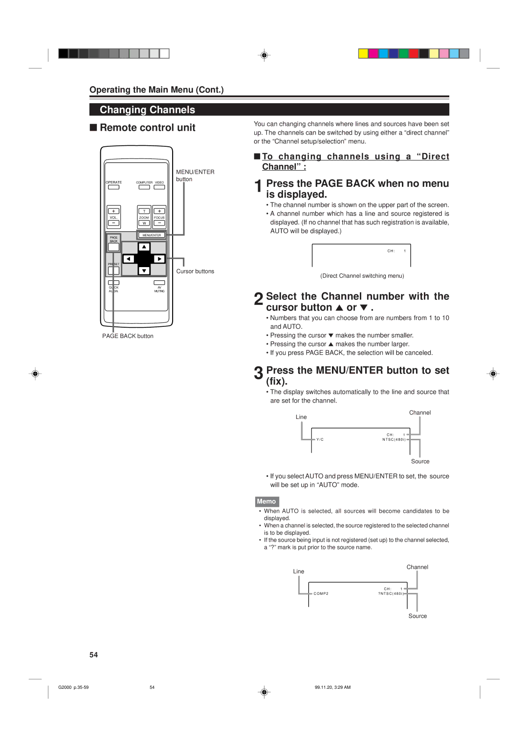 JVC G2000 Changing Channels, Press the page Back when no menu is displayed, To changing channels using a Direct Channel 