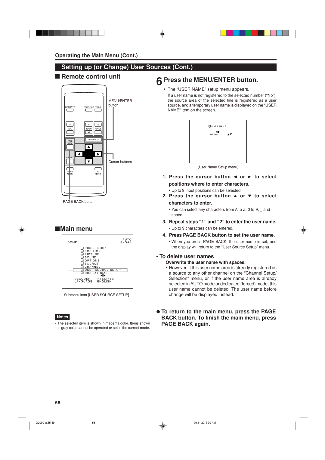 JVC G2000 manual To delete user names, Overwrite the user name with spaces, Up to 9 input positions can be selected 