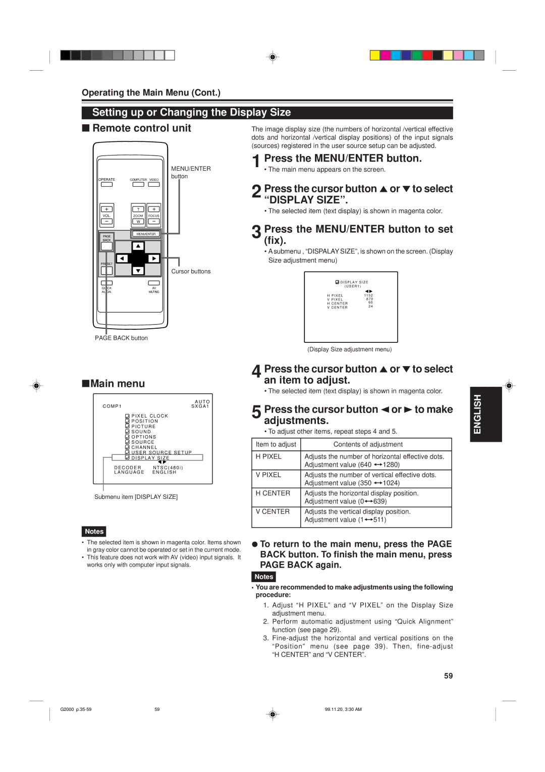 JVC G2000 manual Setting up or Changing the Display Size, Press the cursor button 5or to select Display Size 