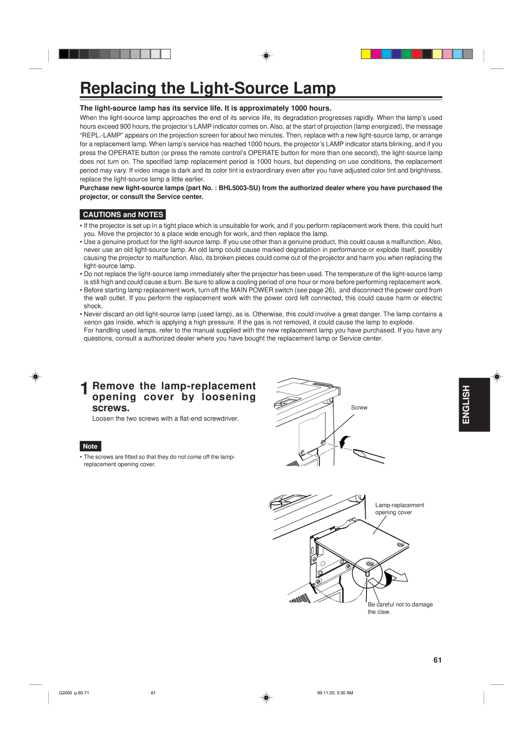 JVC G2000 manual Replacing the Light-Source Lamp, Remove the lamp-replacement, Opening cover by Loosening Screws 