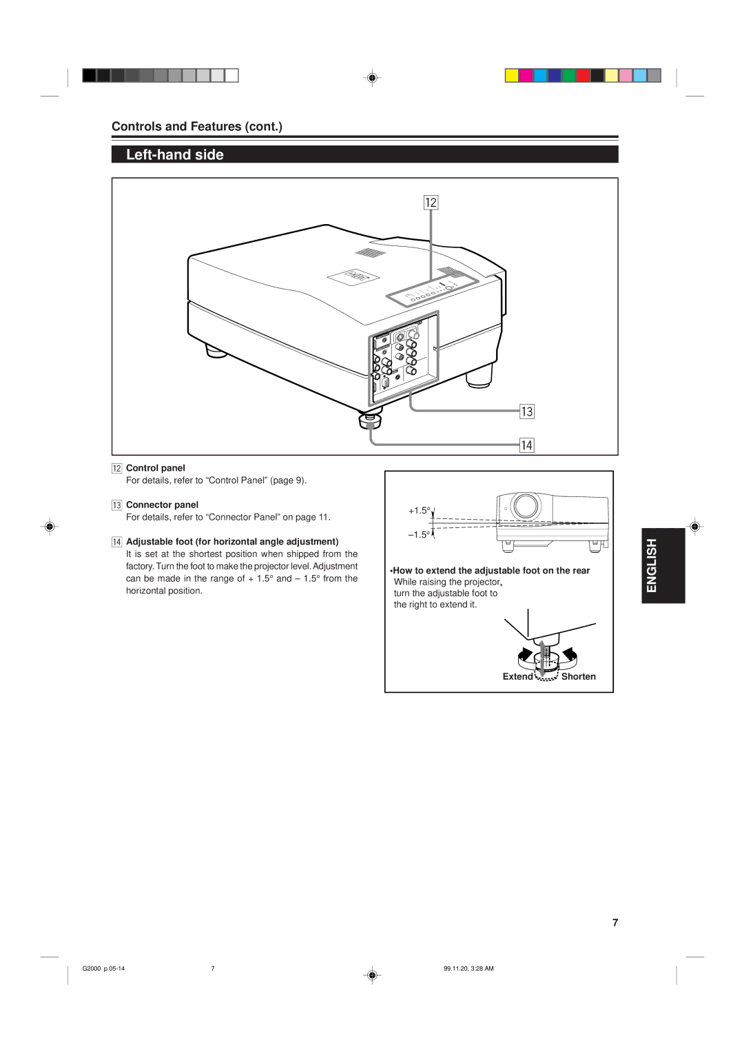 JVC G2000 Left-hand side, Control panel, Connector panel, How to extend the adjustable foot on the rear, Extend Shorten 