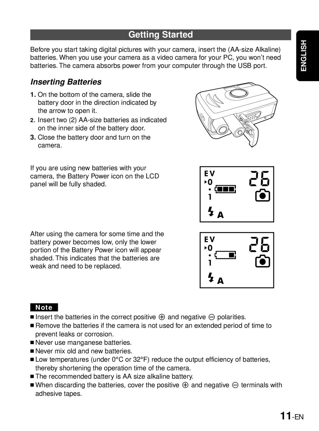 JVC GC-A33 manual Getting Started, Inserting Batteries, 11-EN 