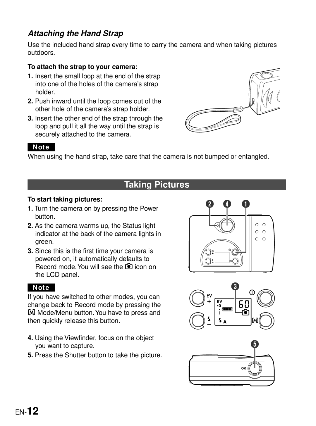 JVC GC-A33 Taking Pictures, Attaching the Hand Strap, EN-12, To attach the strap to your camera, To start taking pictures 