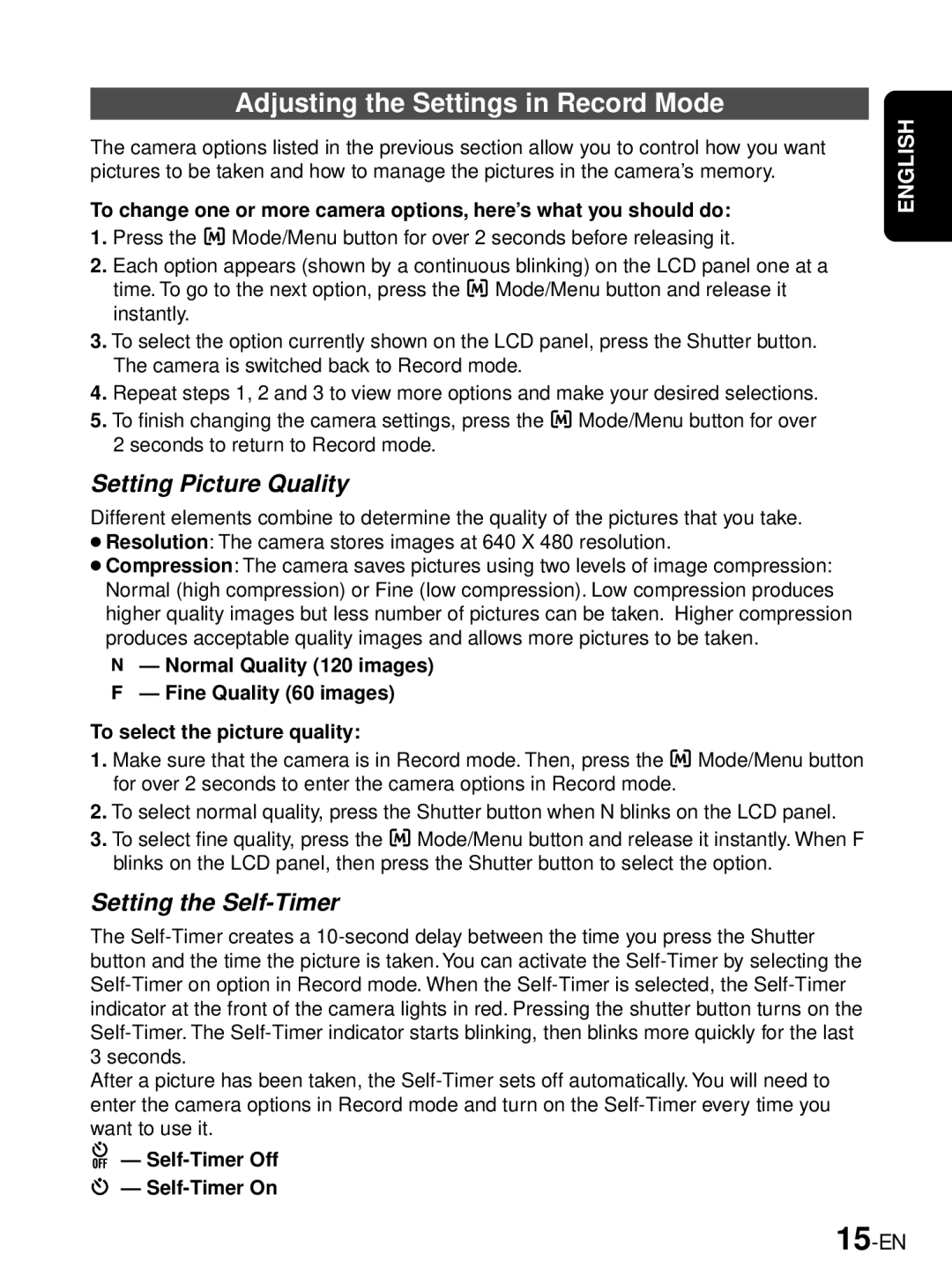 JVC GC-A33 manual Adjusting the Settings in Record Mode, Setting Picture Quality, Setting the Self-Timer, 15-EN 