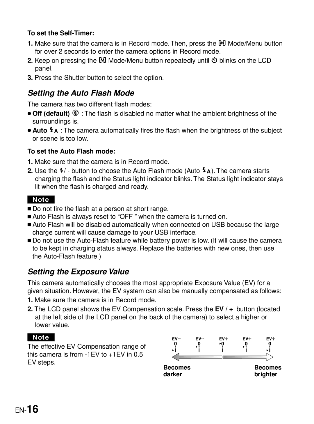 JVC GC-A33 manual Setting the Auto Flash Mode, Setting the Exposure Value, EN-16, To set the Self-Timer 