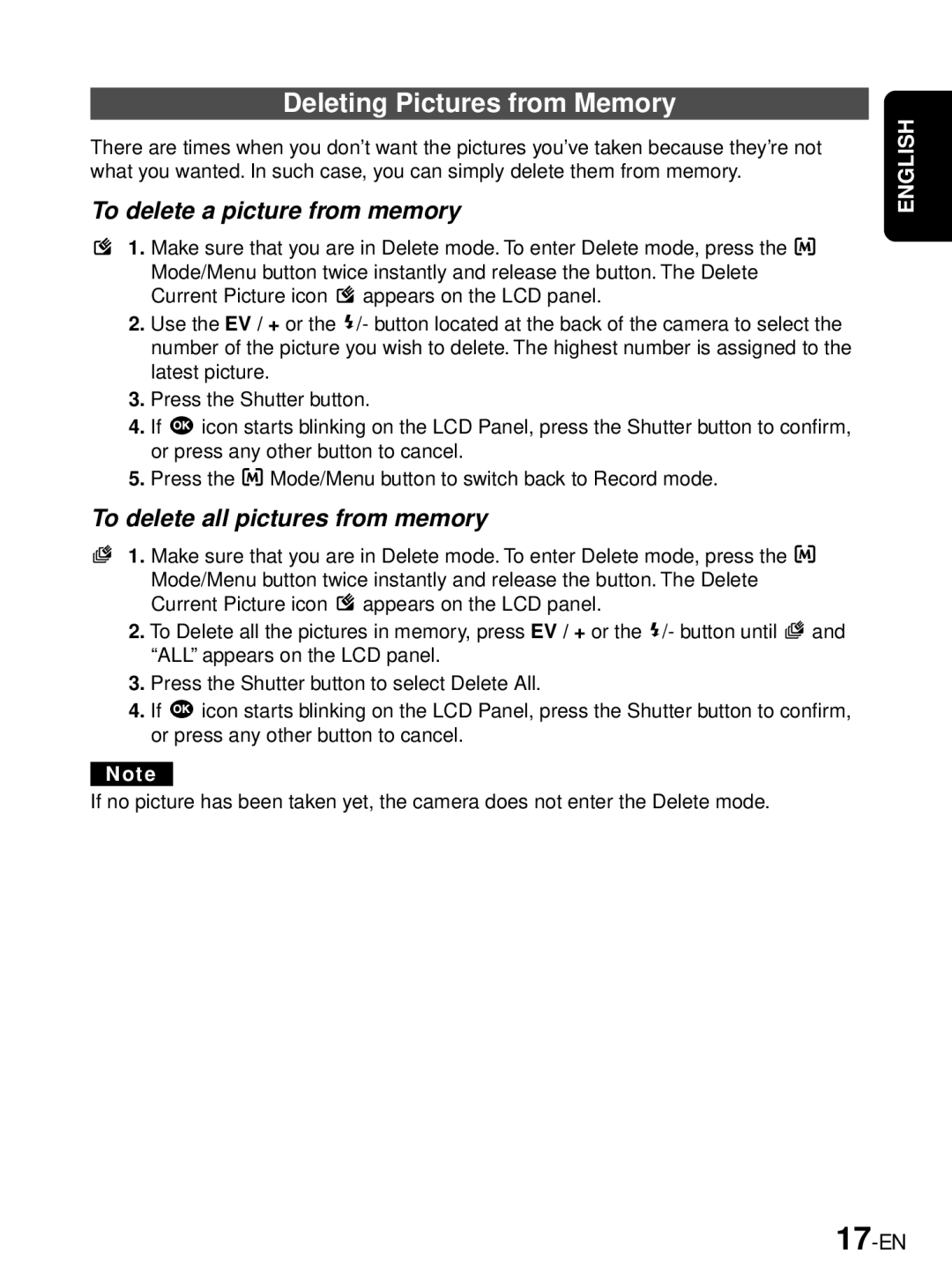 JVC GC-A33 manual Deleting Pictures from Memory, To delete a picture from memory, To delete all pictures from memory, 17-EN 