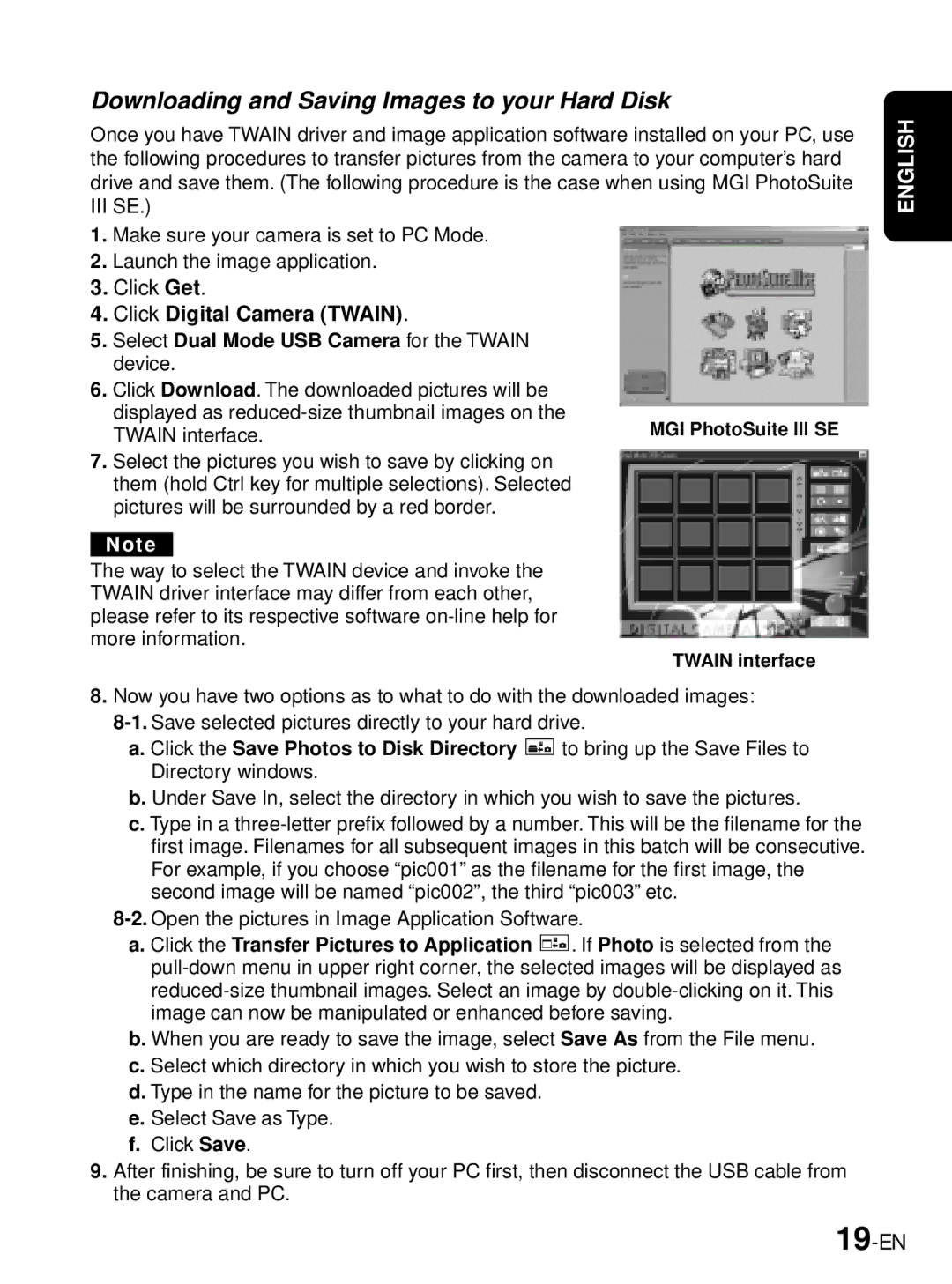 JVC GC-A33 manual Downloading and Saving Images to your Hard Disk, Click Get, Click Digital Camera Twain, 19-EN 