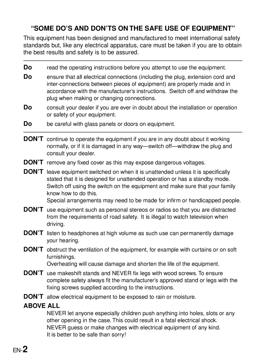 JVC GC-A33 manual Some DO’S and DON’TS on the Safe USE of Equipment, EN-2 