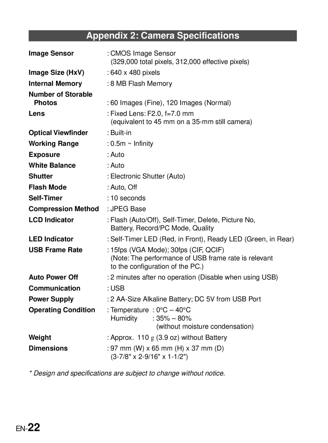 JVC GC-A33 manual Appendix 2 Camera Specifications, EN-22 