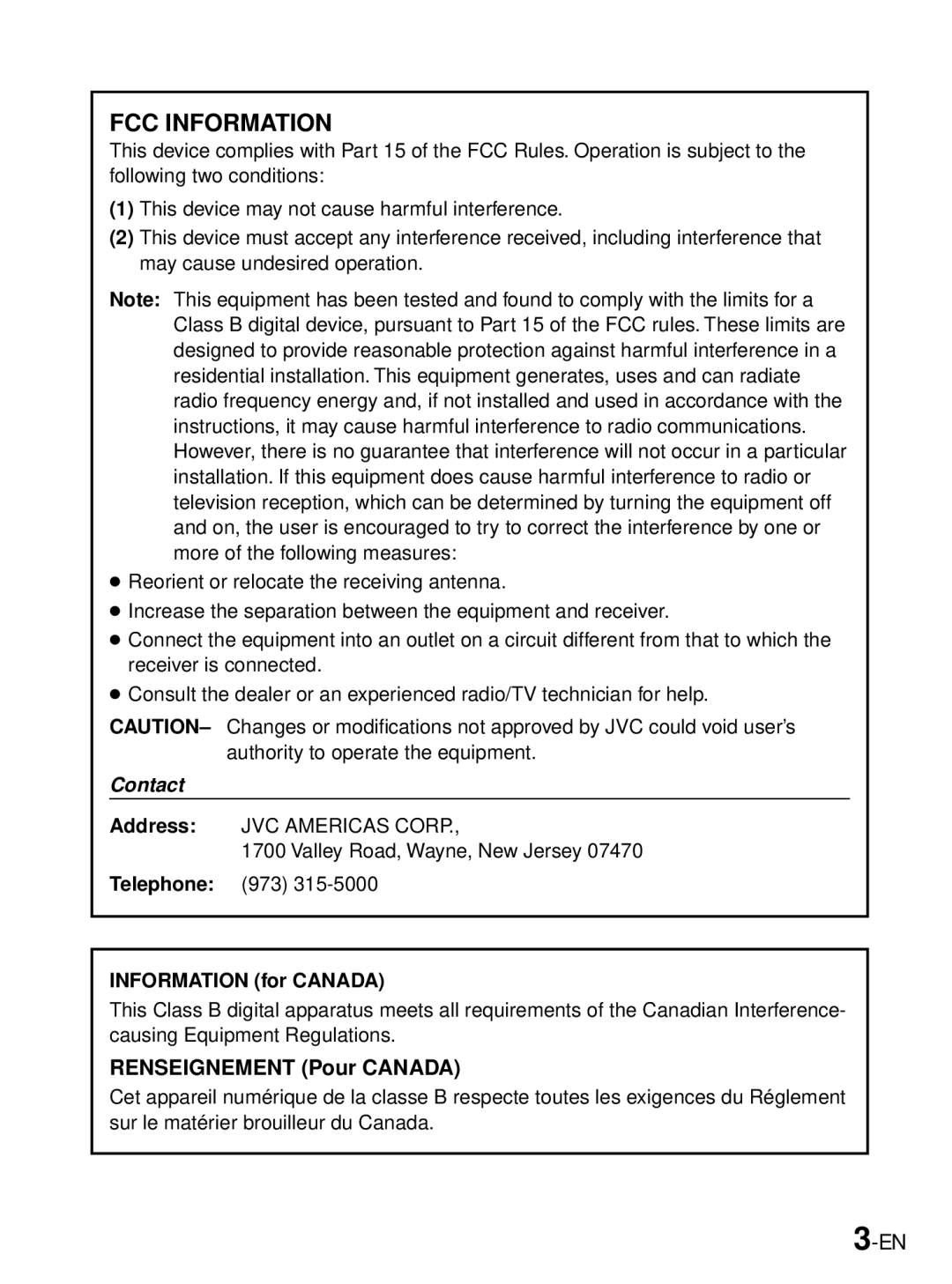 JVC GC-A33 manual Renseignement Pour Canada, Information for Canada 