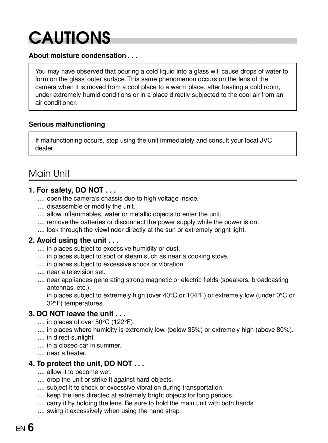 JVC GC-A33 manual For safety, do not, Avoid using the unit, Do not leave the unit, To protect the unit, do not, EN-6 