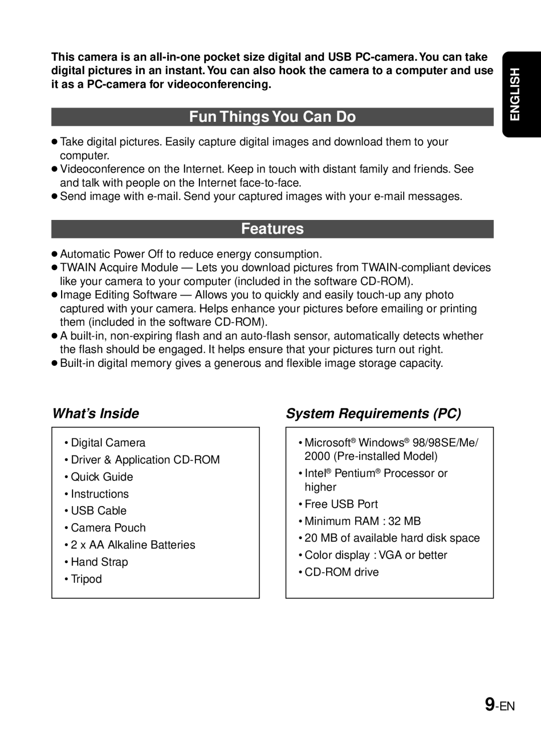 JVC GC-A33 manual Fun Things You Can Do, Features, What’s Inside, System Requirements PC 