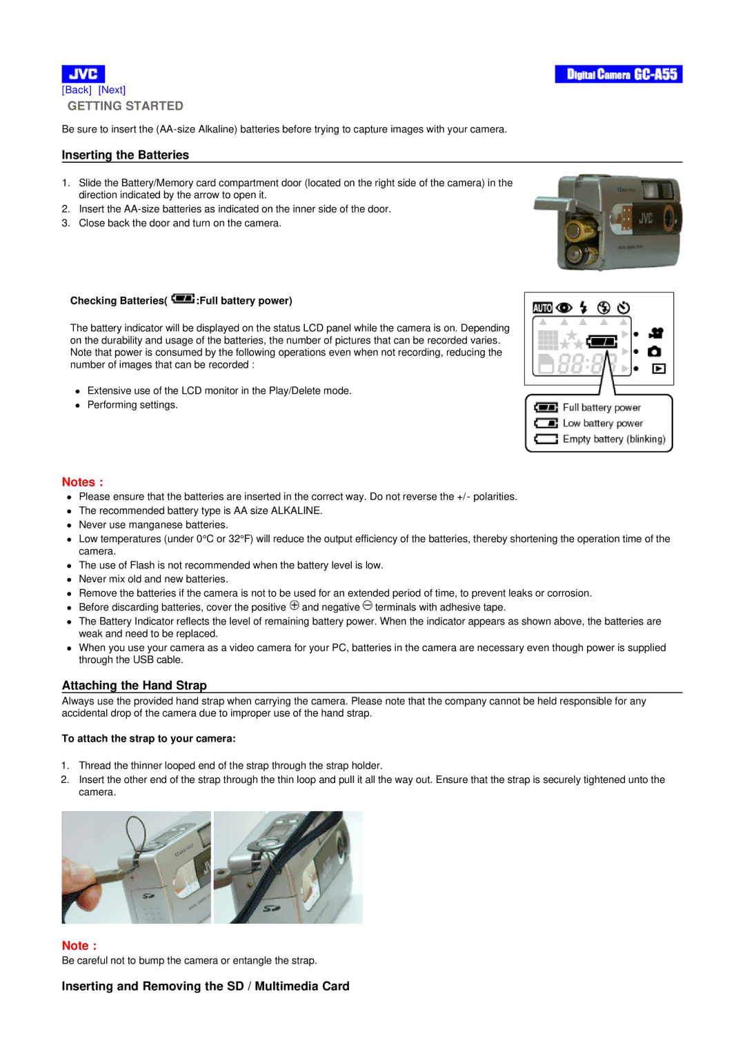 JVC GC-A55 instruction manual Checking Batteries Full battery power, To attach the strap to your camera 