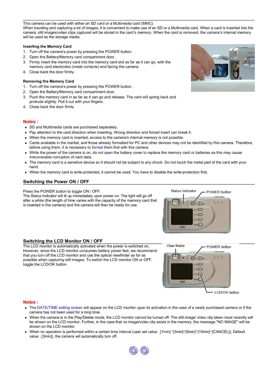 JVC GC-A55 instruction manual Inserting the Memory Card, Removing the Memory Card 