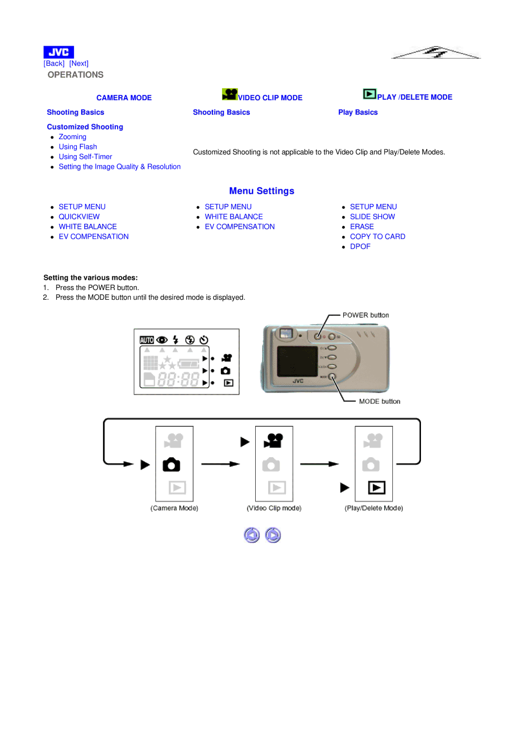 JVC GC-A55 instruction manual Operations, Setting the various modes 