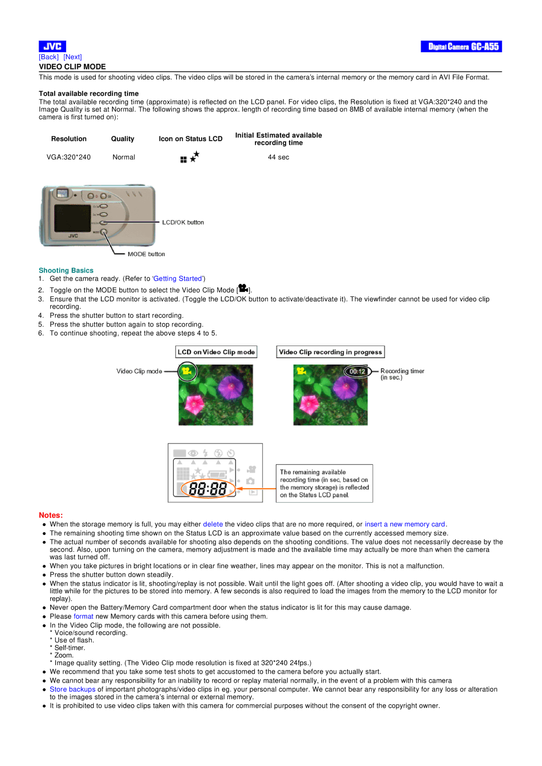 JVC GC-A55 instruction manual Video Clip Mode, Total available recording time, Recording time, VGA320*240, 44 sec 