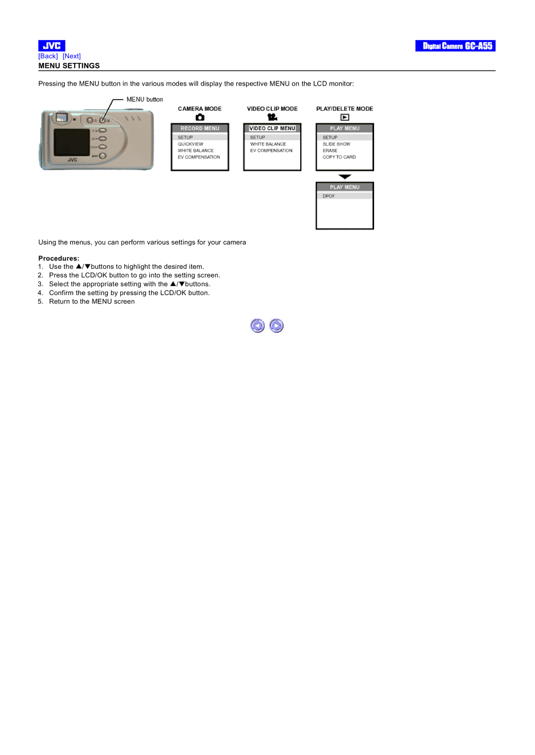 JVC GC-A55 instruction manual Menu Settings, Procedures 