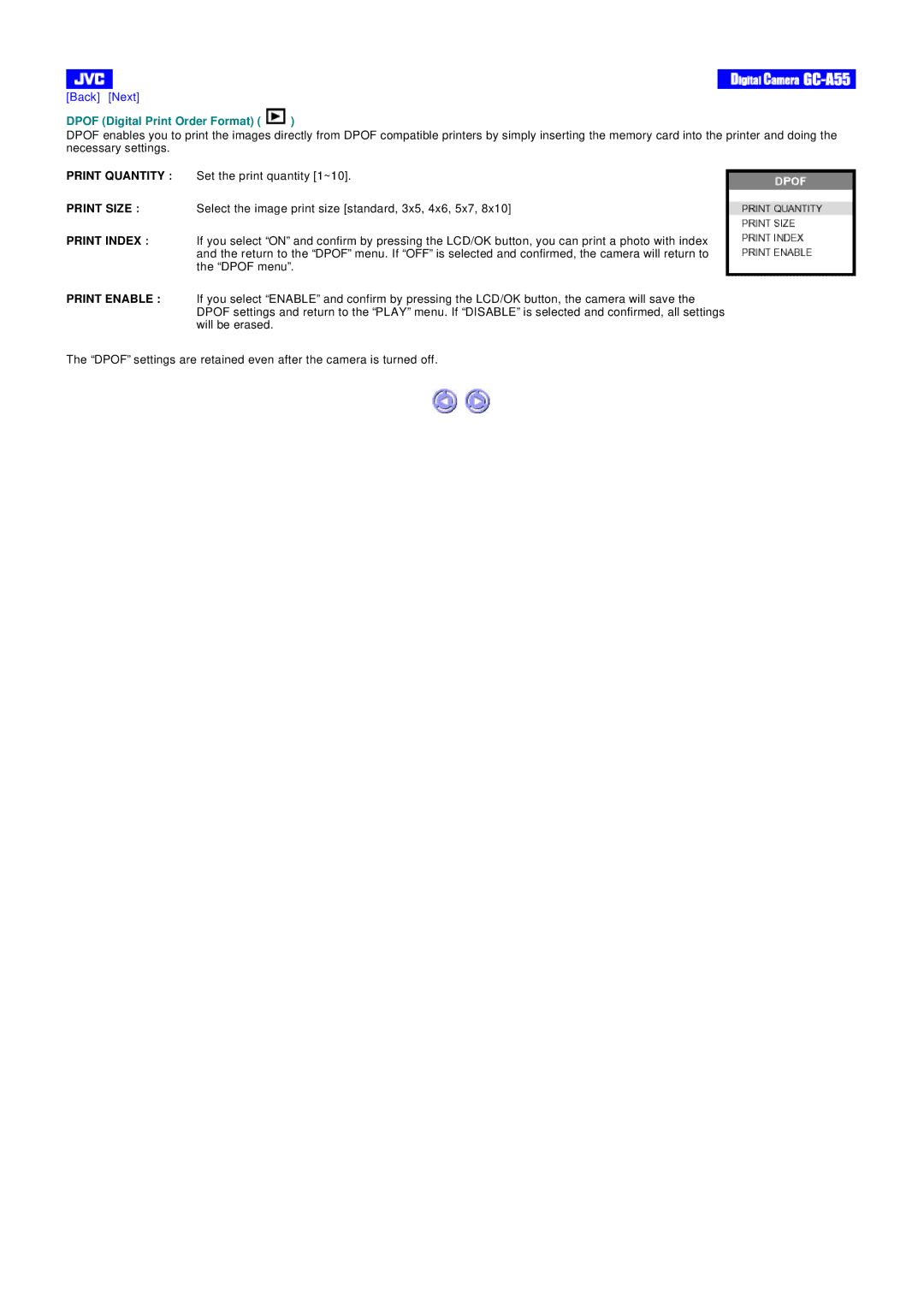 JVC GC-A55 instruction manual Dpof Digital Print Order Format 