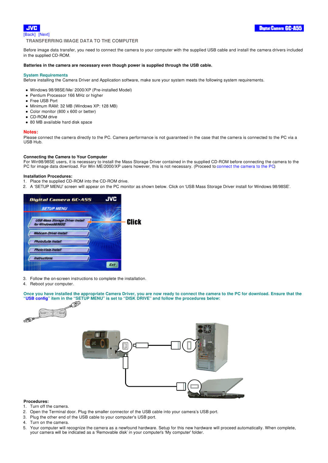 JVC GC-A55 instruction manual System Requirements, Connecting the Camera to Your Computer, Installation Procedures 