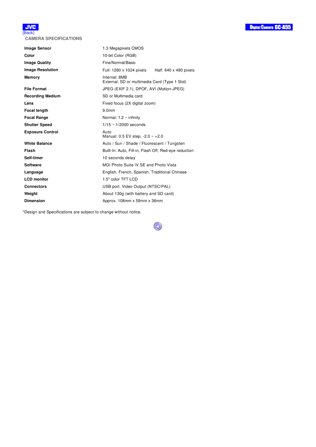 JVC GC-A55 Image Sensor, Color, Image Quality, Image Resolution, Memory, File Format, Recording Medium, Lens, Focal length 