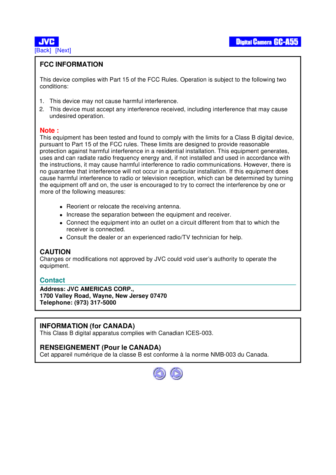 JVC GC-A55 instruction manual FCC Information 