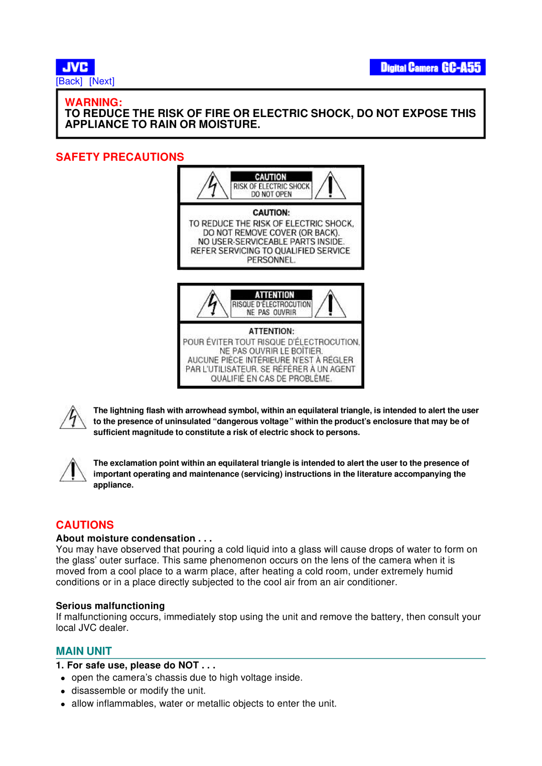 JVC GC-A55 instruction manual Safety Precautions 