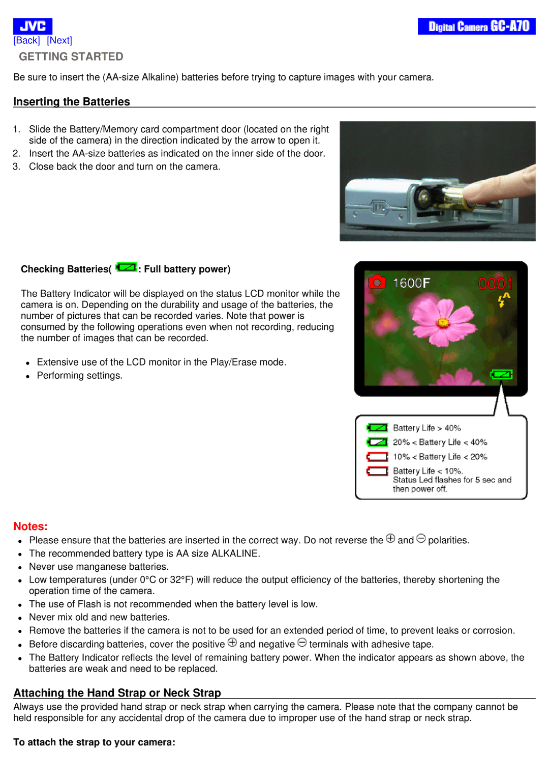 JVC GC-A70 instruction manual Getting Started, Inserting the Batteries, Attaching the Hand Strap or Neck Strap 