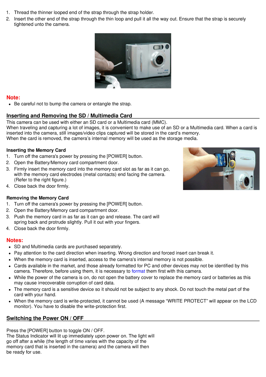 JVC GC-A70 Inserting and Removing the SD / Multimedia Card, Switching the Power on / OFF, Inserting the Memory Card 