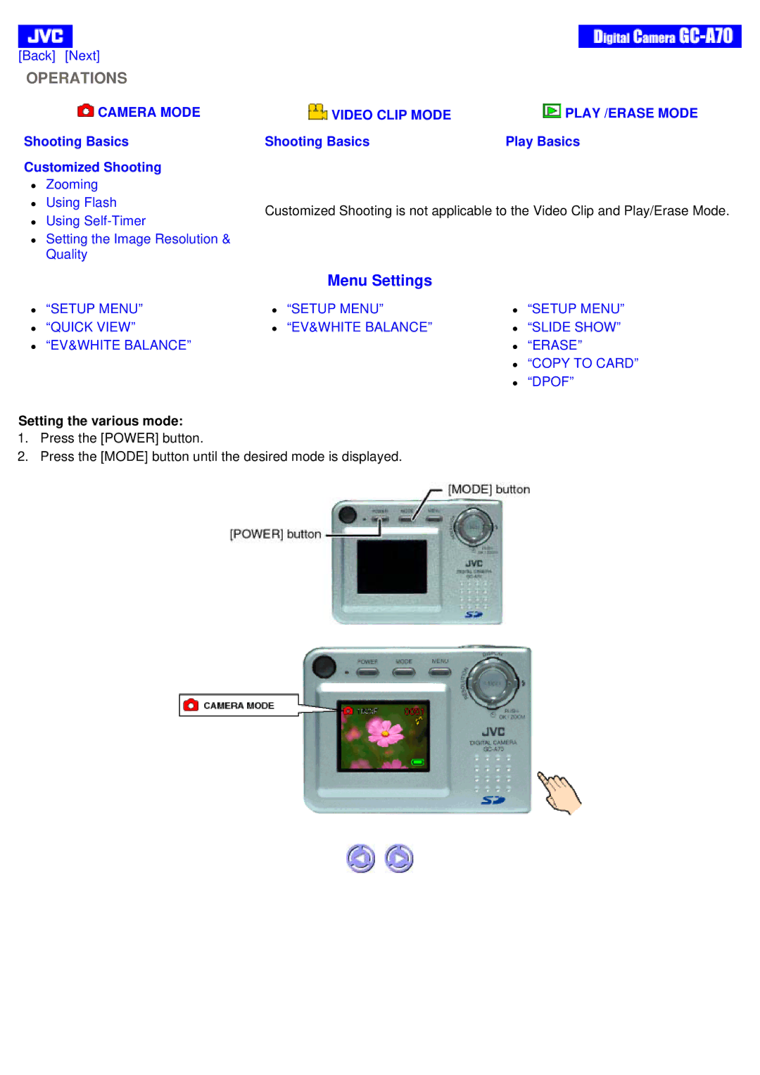 JVC GC-A70 instruction manual Operations, Setting the various mode 