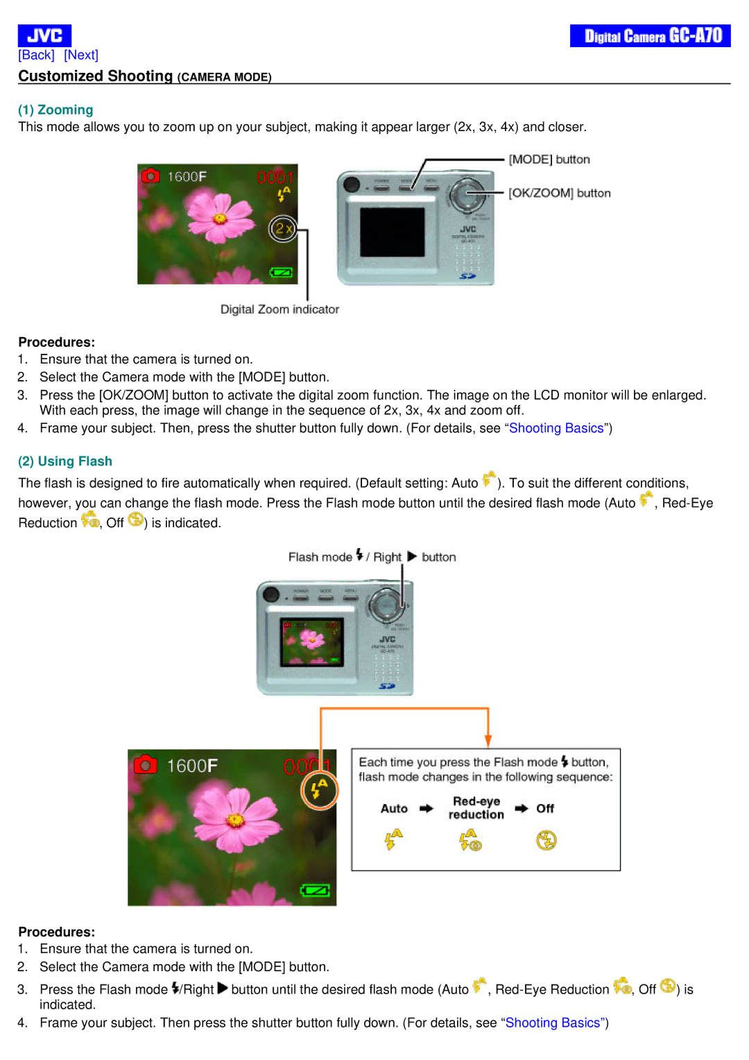 JVC GC-A70 instruction manual Customized Shooting Camera Mode, Zooming, Procedures, Using Flash 