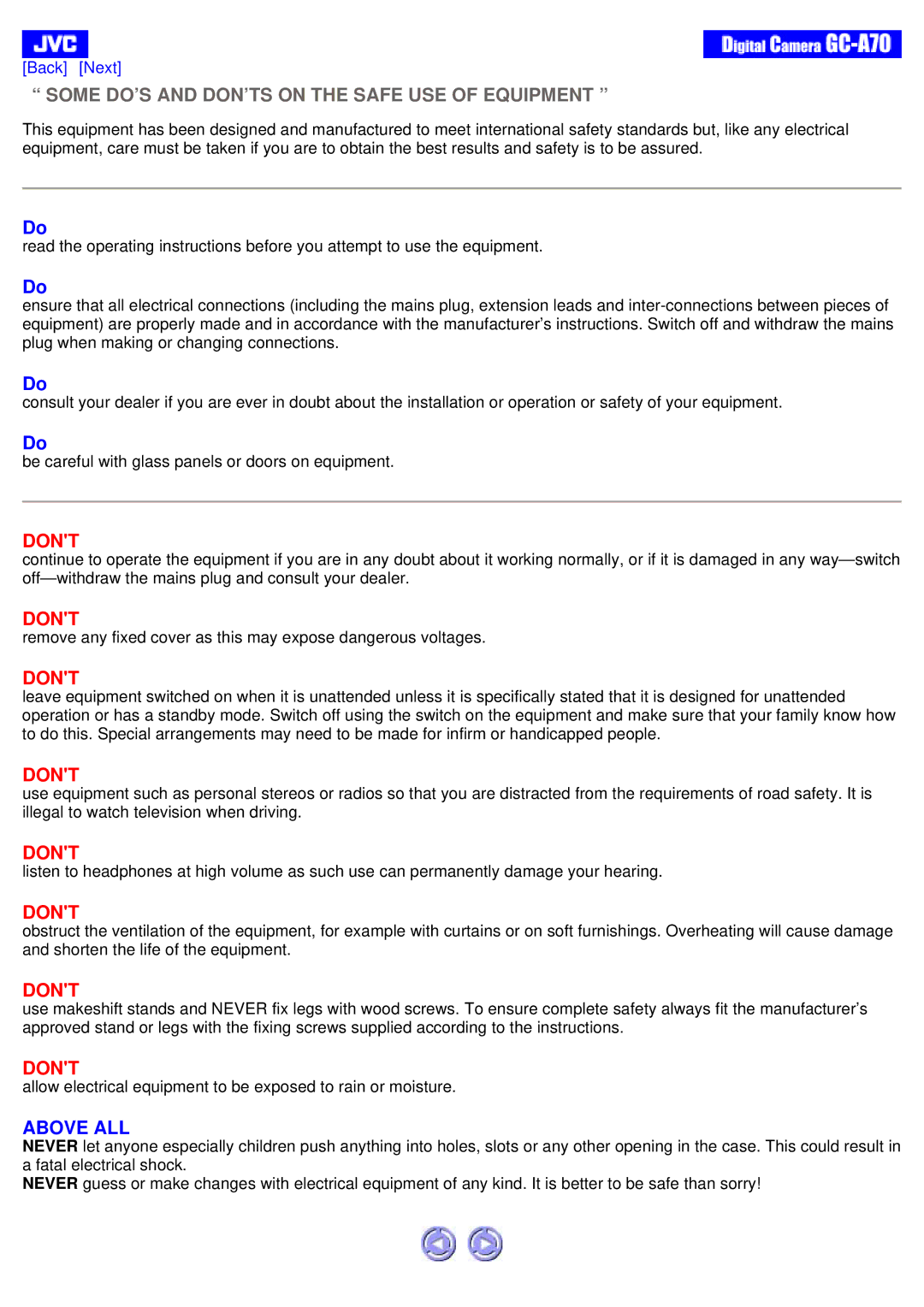 JVC GC-A70 instruction manual Some DO’S and DON’TS on the Safe USE of Equipment, Dont 