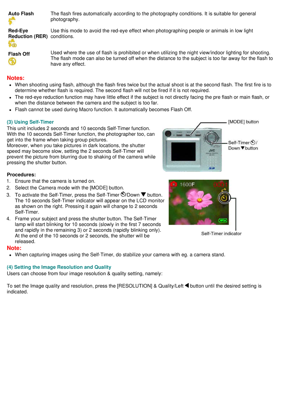 JVC GC-A70 instruction manual Auto Flash, Flash Off, Using Self-Timer, Setting the Image Resolution and Quality 